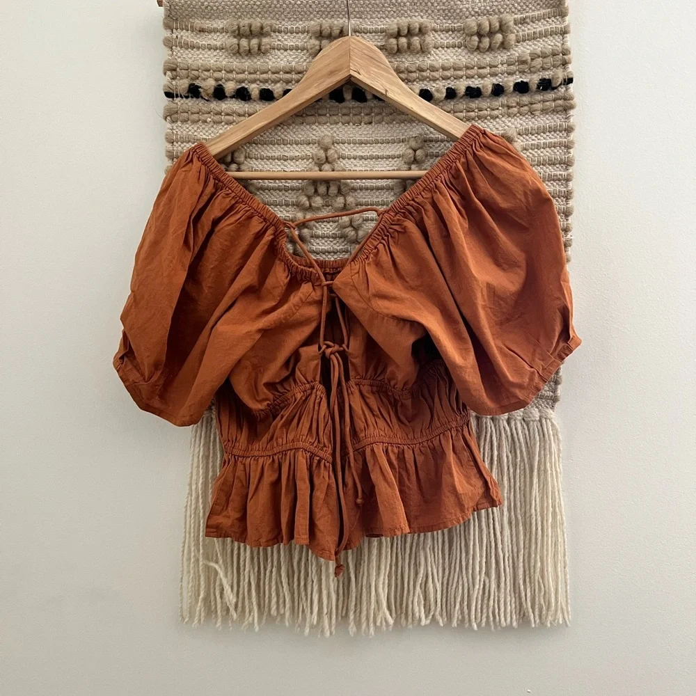 Free People Rust Puff Sleeve Blouse